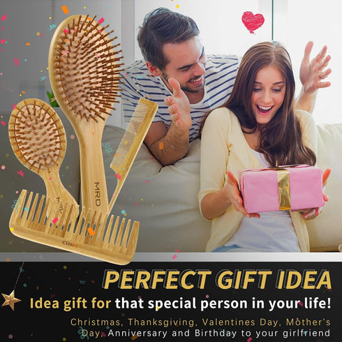MRD Hair Brush Set, Natural Bamboo Comb Paddle Detangling Hairbrush, Wide-tooth & Tail Comb for All Hair Types