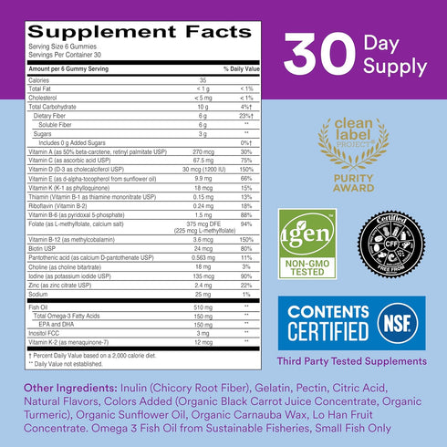 SmartyPants Fiber Supplement & Multivitamin for Men & Women - Gummies with Vitamin D3, C, B12, B6, A, K & Zinc - 180