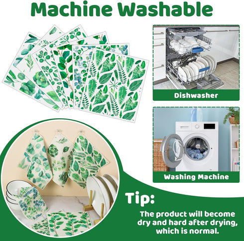 6 Pack Swedish Dishcloths for Kitchen - Green Leave Patterns, Reusable, No Odor, with Adhesive Clips