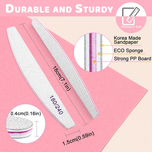 Professional Nail Files - 12pcs Emery Board Nail Files for Natural & Acrylic Nails (100/180/240 Grit)