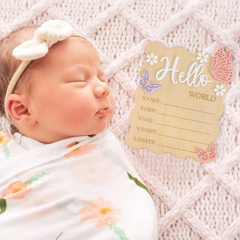 TERJIO Butterfly Daisy Hello Worid Board - Little Butterfly Birth Announcement Sign, Wooden Hello World Card