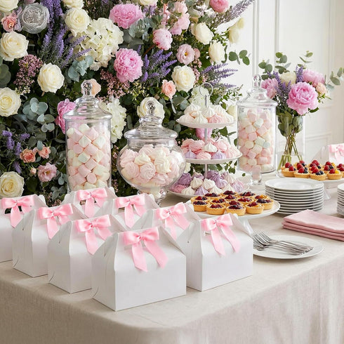 Jaloro 60 6.4 3.6 3.2 Inches(Pink) Pcs Bow Treat Boxes White Treat Gift Boxes with Satin Ribbon, Coquette Bow Themed