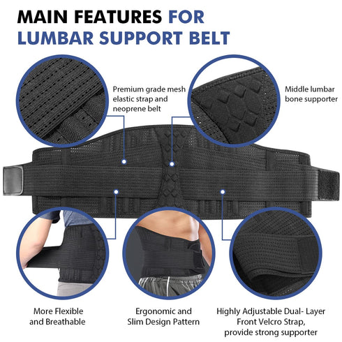 Lumbar Support Belt Lower Back Brace for Lifting - Breathable Support for Herniated Disc, Sciatica Pain Relief for Men