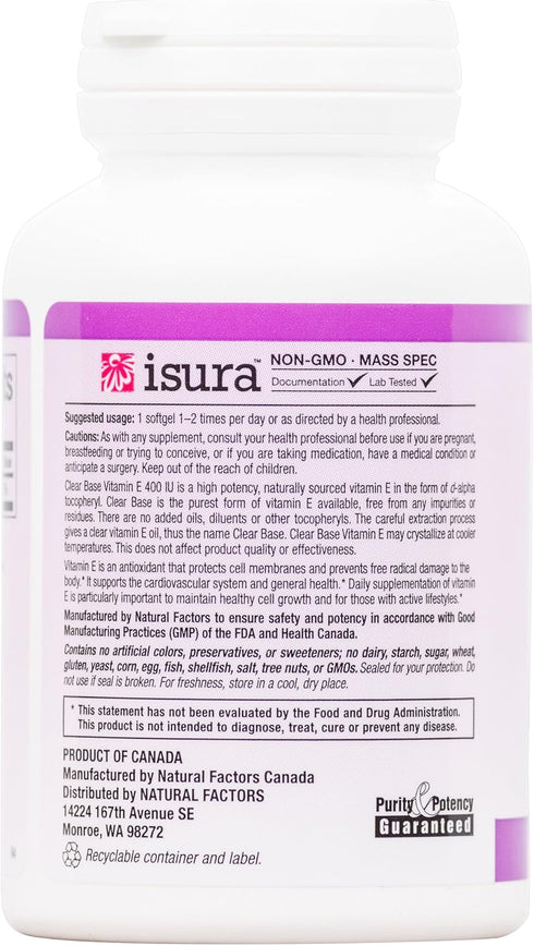 Natural Factors Clear Base Vitamin E, 400 IU, 60 Softgels - Antioxidant Support for Health
