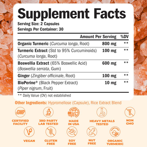 Turmeric Supplement with 65% Boswellia Extract Capsules - 60 Turmeric Curcumin Caps with Black Pepper, Organic