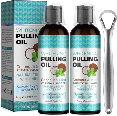 Coconut Oil Pulling for Fresh Breath and Oral Hygiene, Includes Tongue Scraper and Measuring Cup - 16 fl. oz