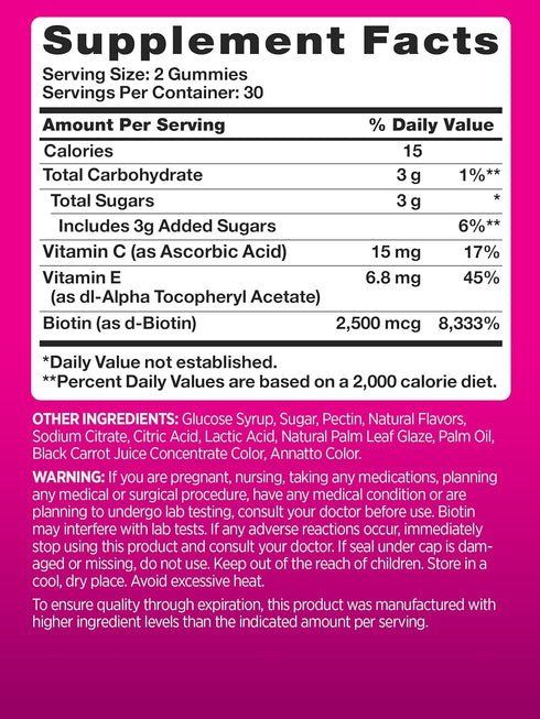PINK Biotin Gummies for Women, 60 Count, Vitamin for Hair, Skin and Nails, Non-GMO & Gluten Free