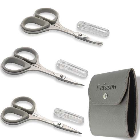 PAFASON Stainless Steel Mustache Beard Facial Nose Hair Trimming Scissor Set with Safety Cover, Grey