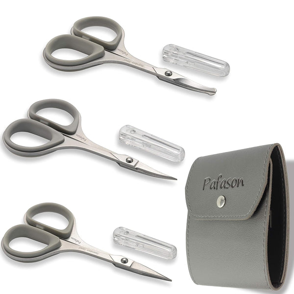 PAFASON Stainless Steel Mustache Beard Facial Nose Hair Trimming Scissor Set with Safety Cover, Grey