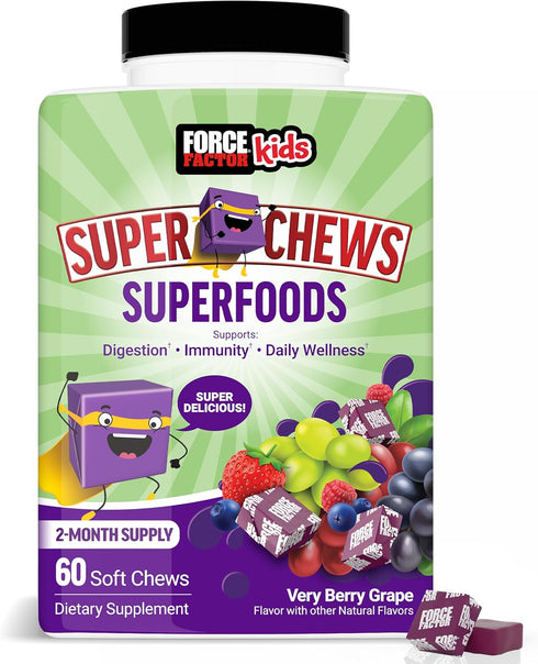 FORCE FACTOR Kids Superfood Super Chews, Very Berry Grape Flavor, 60 Soft Chews, 2-Month Supply, Kids Vitamins & Immune
