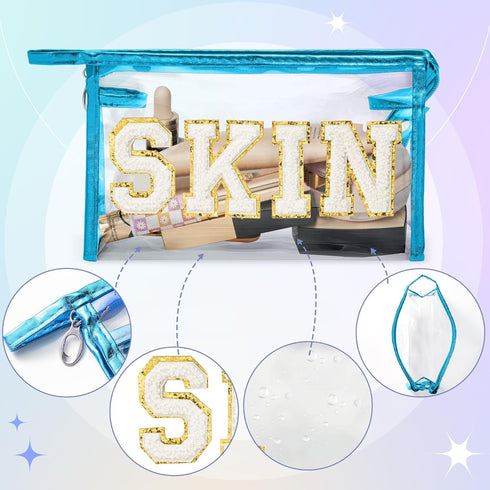 Preppy Patch Cosmetic Case - Blue White Varsity SKIN Letter Bag, Classy Waterproof Clear PVC Multi-Function Pouch for