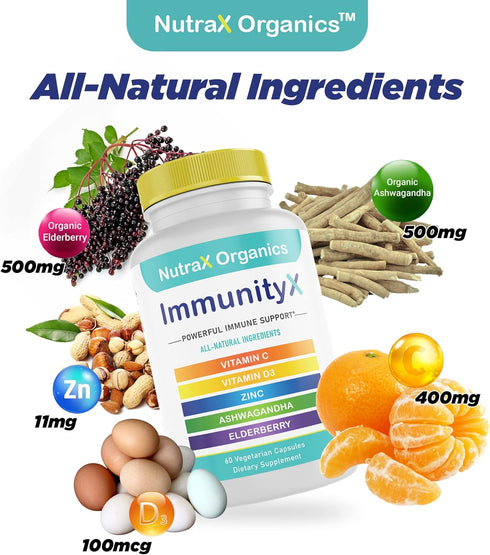 All-in-One Organic Immune Support Supplement 60 Vegan Capsules - Elderberry 500mg, Ashwagandha 500mg, Vitamin C and Zinc