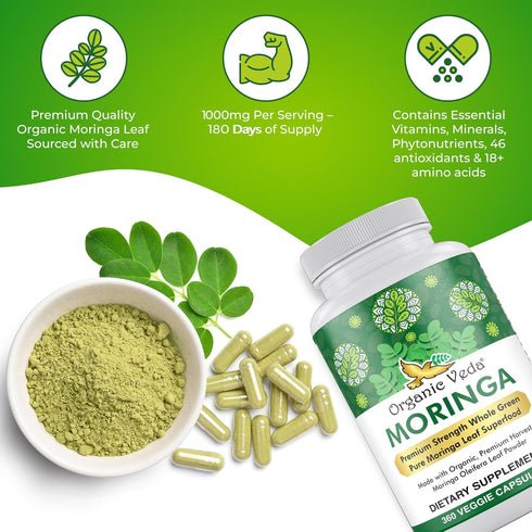 Organic Veda Moringa Leaf Powder Capsules, 1000mg, 360 Count - Pure Natural Moringa Oleifera Dietary Supplement -