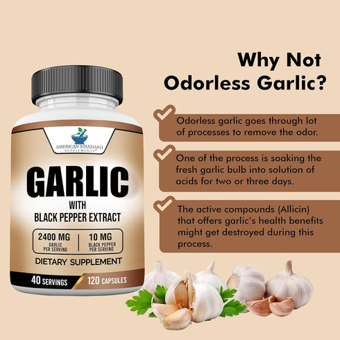 American Standard Supplements Garlic 2400mg with Black Pepper Extract - 120 Vegan Non-GMO Gluten Free Capsules, 40