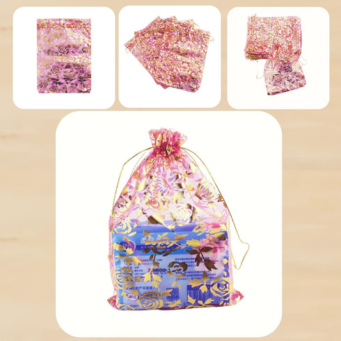 100 Pack Organza Drawstring Flower Heart Bags 7 x 9 Inch, Jewelry Gift Pouch, Wedding Favor Bags (Fuchsia Flower)