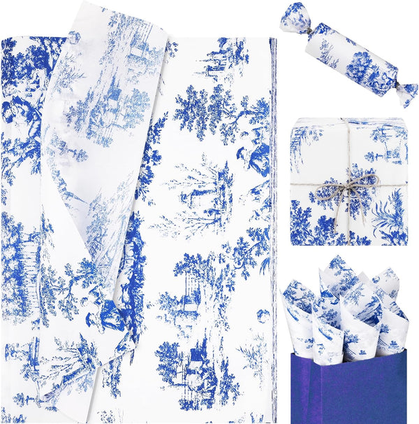 90 Sheets 20 * 14 Inches Blue French Vintage Print Tissue Bulk, Retro Decorative Tissue Paper for Wedding Birthday DIY