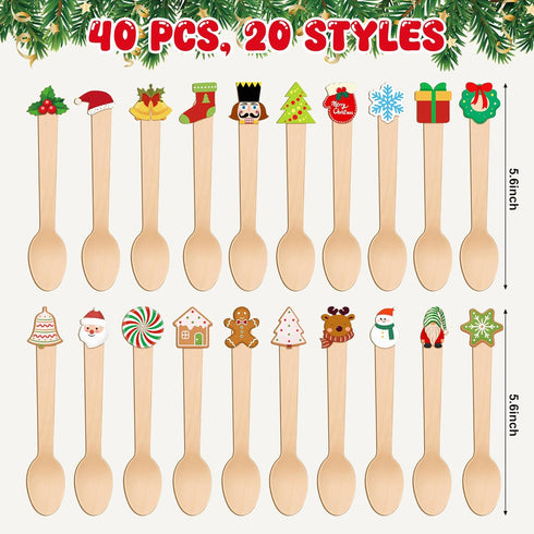 RunNico 40 5.6'' 20 Pcs Christmas Hot Chocolate Wooden Spoons, Christmas Disposable Stirring Spoons with Styles Top