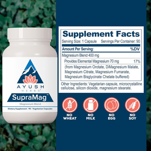 Ayush Herbs SupraMag - Magnesium Blend, 400mg Supplement for Sleep, Energy, & Brain Health - 90 Capsules
