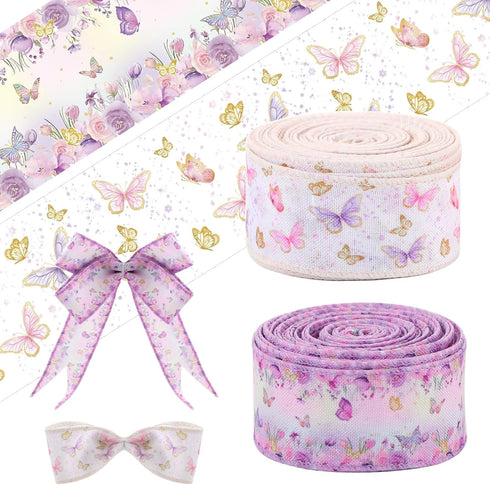 2 Rolls 20 Yards Butterfly Baby Shower Ribbon, 1.5 Inch Wired Edge Watercolor Purple Floral for Gift Wrapping