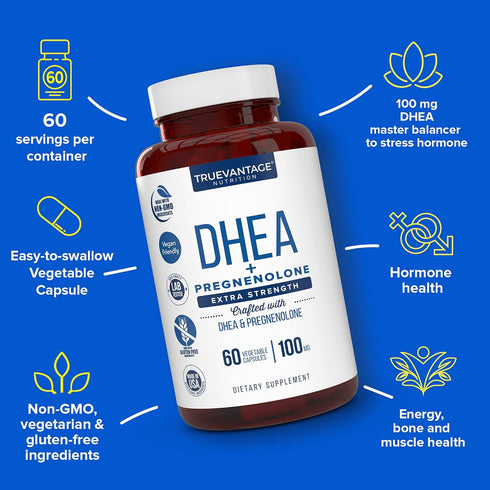 DHEA 100mg Supplement with Pregnenolone 60mg -Supports Hormone Balance, Lean Muscle Mass, Energy, Mood, Sleep, and Healthy Aging in Men and Women- Vegetable Capsules