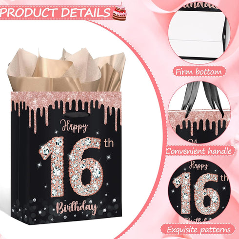 SUNDECO 16 16th Sweet Birthday Gift Bag - Large Rose Gold and Black Party Decorations with Tissue Paper, Birthday Card
