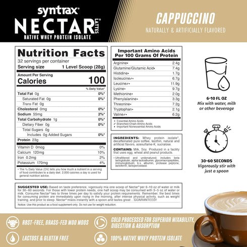 Syntrax Nutrition Nectar Lattes, 100% Whey Isolate Protein Powder, 2 lbs (Cappuccino)