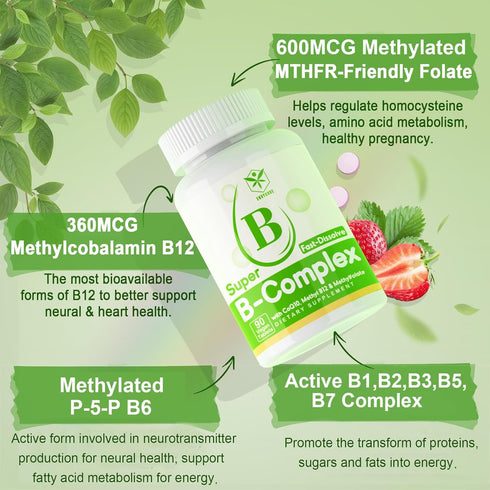 Sugar Free Vitamin B Complex with Methyl B12, MethylFolate, B6, B1, B2, B3 - Vegan, 180 Tablets for Energy