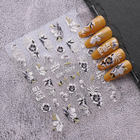 JMEOWIO 6 Sheets 3D Embossed Spring Flower Nail Art Stickers, Self-Adhesive Decals for Summer Nail Design
