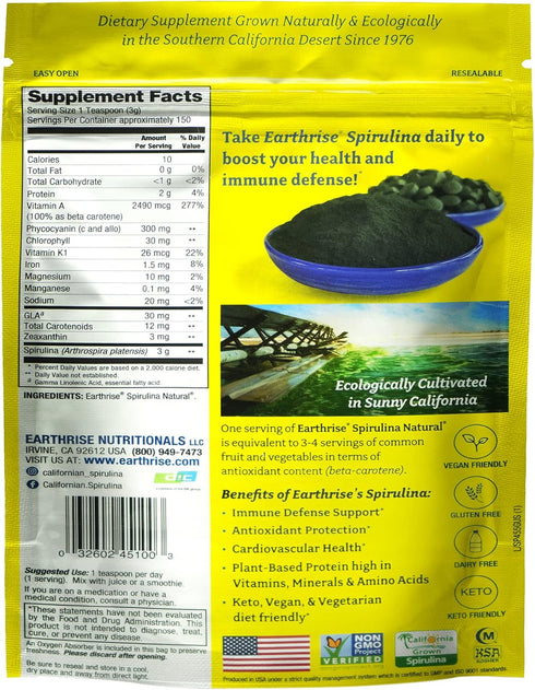 Earthrise Spirulina Natural Powder 16oz, Premium Vegan, Gluten Free, Keto Friendly, Non-GMO Super Food high in Vitamins