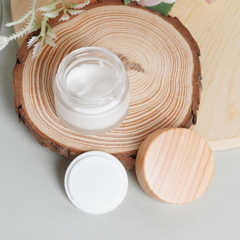 6Pcs Glass Cosmetic Containers, Frosted Glass Cream Jars with Wood Grain Lid, Leak-proof Empty Makeup Jar for Lotions,