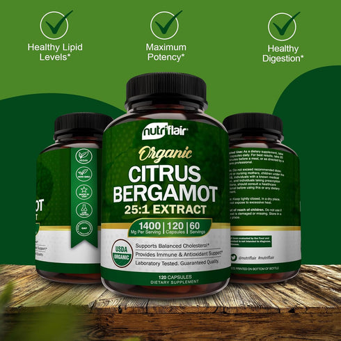 NutriFlair Organic Citrus Bergamot 1400mg, 120 Capsules - Natural Heart Health Supplements, Non-GMO