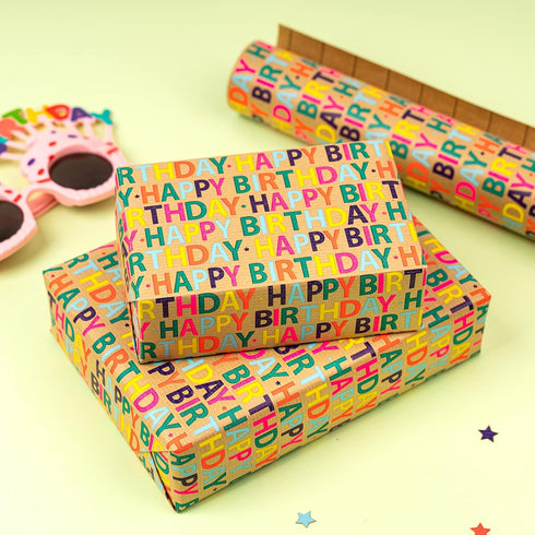 RUSPEPA Mini Kraft Wrapping Paper Rolls, 4 Rolls, 17 inches x 10 feet per Roll, Colorful Birthday Gift Wrap