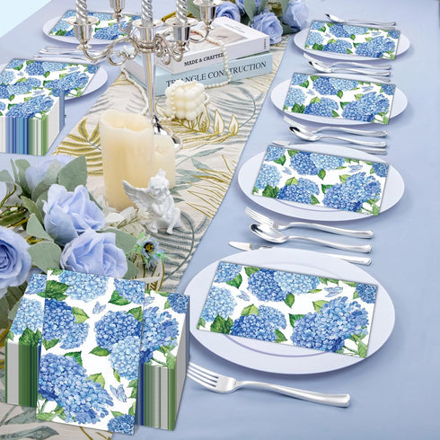 SMUAENSS 100 3-Ply Summer PCS Hydrangea Paper Napkins, Blue Hydrangea Floral Paper Napkins Disposable Hand Towels