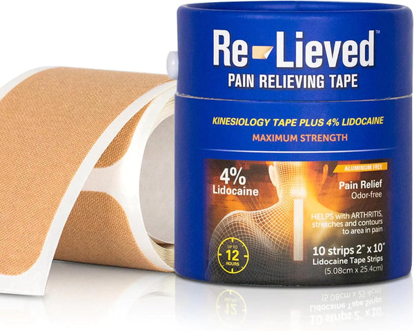 4% Lidocaine Maximum Strength Pain Relief Kinesiology Tape, Relieves Back Pain, Joints, Muscle Pains, 2" x 10" Strips