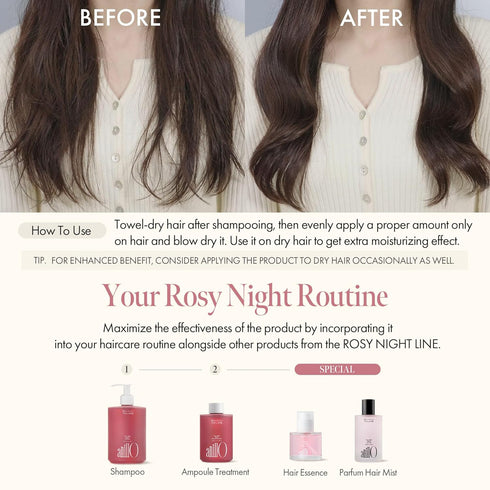 Rosy Night Repair Hair Essence, 50ml / 1.69 fl. Oz - Vegan Oil with Damask Rose Extract for Damaged Hair