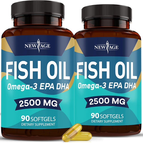 NEW AGE Omega 3 Fish Oil 2500mg Supplement - Non GMO, EPA, DHA Fatty Acids, Gluten Free (180 Softgels)