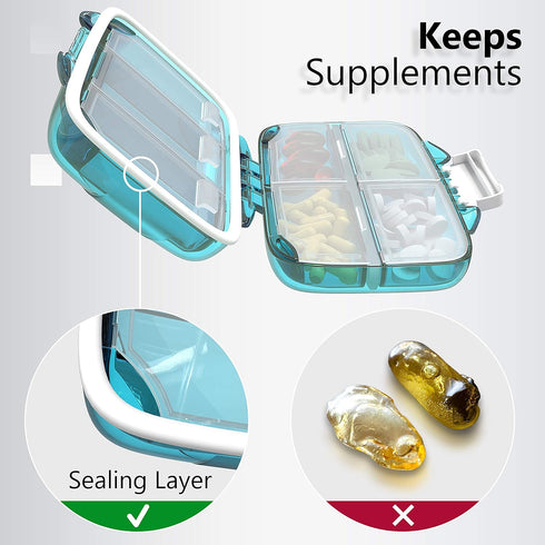 Travel Pill Organizer Box - Moisture Proof Daily Medicine Holder, Small Pill Case for Vitamins, 7 Compartments