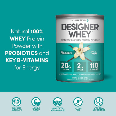 Designer Wellness 100% Whey Protein Powder, Natural French Vanilla, 12 oz, Probiotics, Fiber, Gluten-free, Non-GMO,