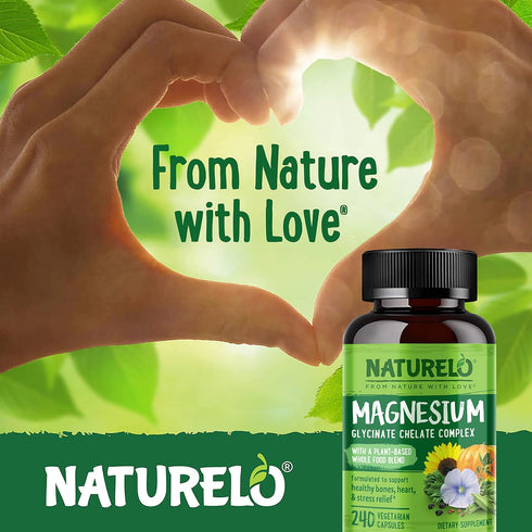 NATURELO Magnesium Glycinate Supplement - 240 Capsules, 200 mg Glycinate Chelate with Organic Vegetables for Sleep &