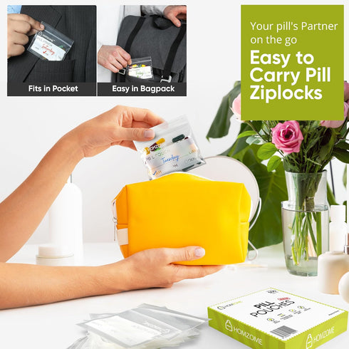 Homzome 6 Pack 500- 3x2.75 inches Homezome Pill Pouch Bags mil of BPA Free Reusable Pill Pouches for Medicine