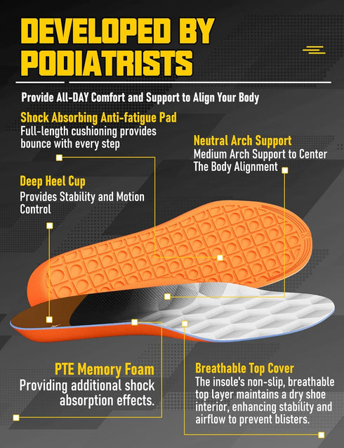 Uvaluefeet 8.5-10) Work Boot Insoles for Men & Women - Memory Foam Cushion, Anti-Fatigue, Foot Pain Relief, All-Day