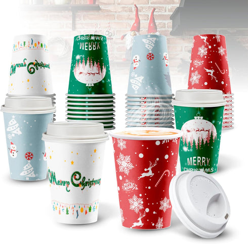 WOWSOLID Christmas Disposable Coffee Cups with Lids 12 oz, To Go Coffee Cups,