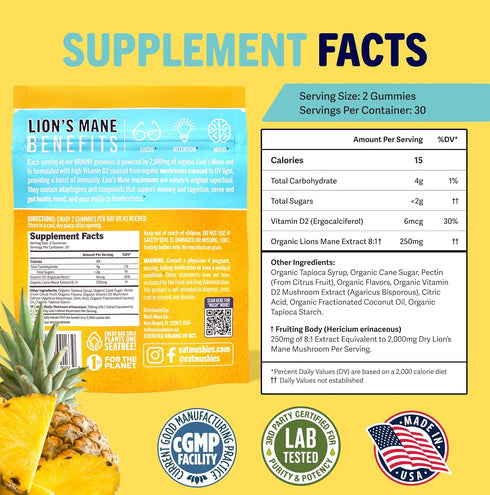 Mushie 100% Gummies 2000mg (75mg 60 Gummies Organic Lions Mane Mushroom - A & B-Glucans) for Brain Health, Focus