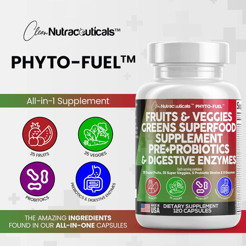 Clean Nutraceuticals Fruits and Veggies Supplement, 120 Capsules, Reds & Greens Superfood with Probiotics & Digestive