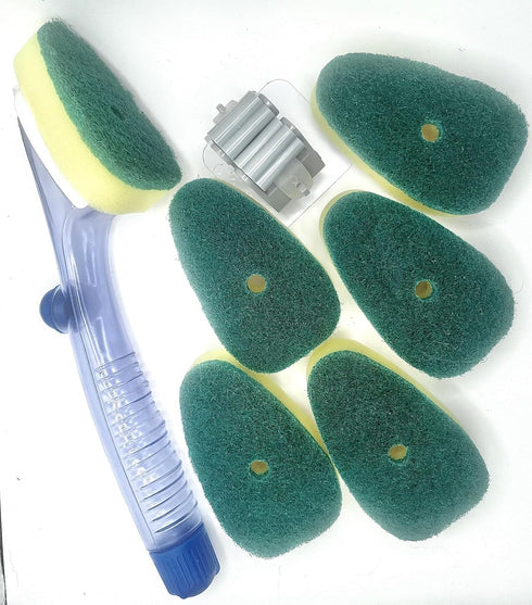 Dish Wand Soap Dispenser with 6 Refill Sponge Replacement Heads, Dish Brush Handle for Cleaning Dishes, Kitchen Dishwashing Sponge Brush, Bottle Brush Scrubber, Heavy Duty Non Scratch, Storage Clip. by Sukra Home