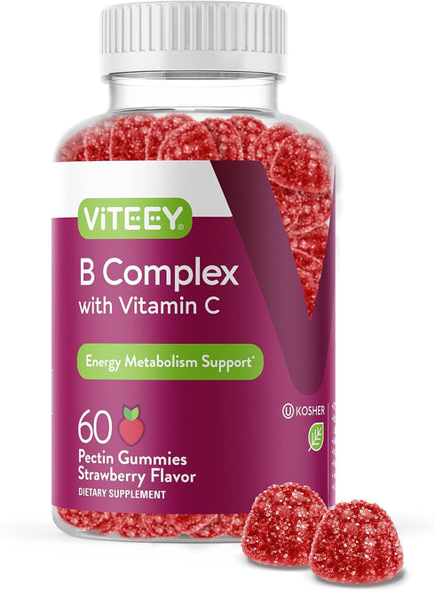Vitamin B Complex Gummies for Adults with Vitamin C, B6, B12, Niacinamide, Folic Acid, Biotin, Calcium - Vegan, Gluten