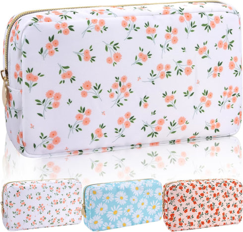 Iqimott Floral Nylon Small Makeup Bag: Cute Preppy Zipper Pouch, Waterproof Travel Toiletry Bag for Women (Pink Flower)