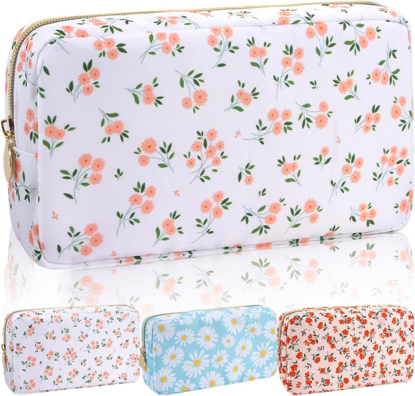 Iqimott Floral Nylon Small Makeup Bag: Cute Preppy Zipper Pouch, Waterproof Travel Toiletry Bag for Women (Pink Flower)