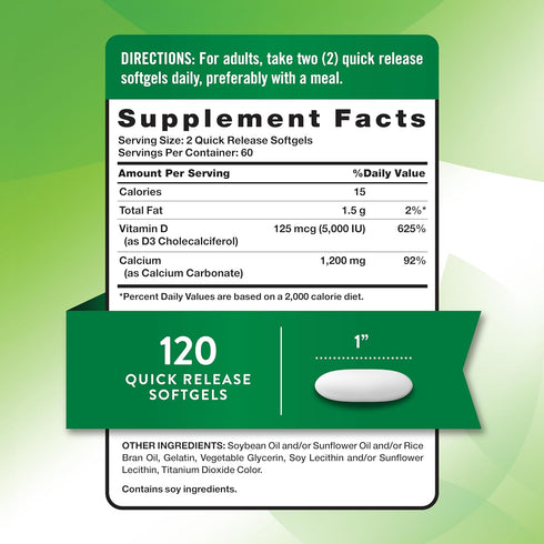Nature's Truth Absorbable Calcium 1200 mg with Vitamin D3 5000 IU, 120 Softgels, Non-GMO & Gluten Free Supplement