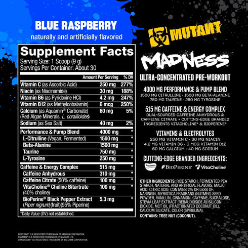 Mutant Madness Pre Workout Powder Supplement - Performance and Pump Blend, 30 Servings, Blue Raspberry